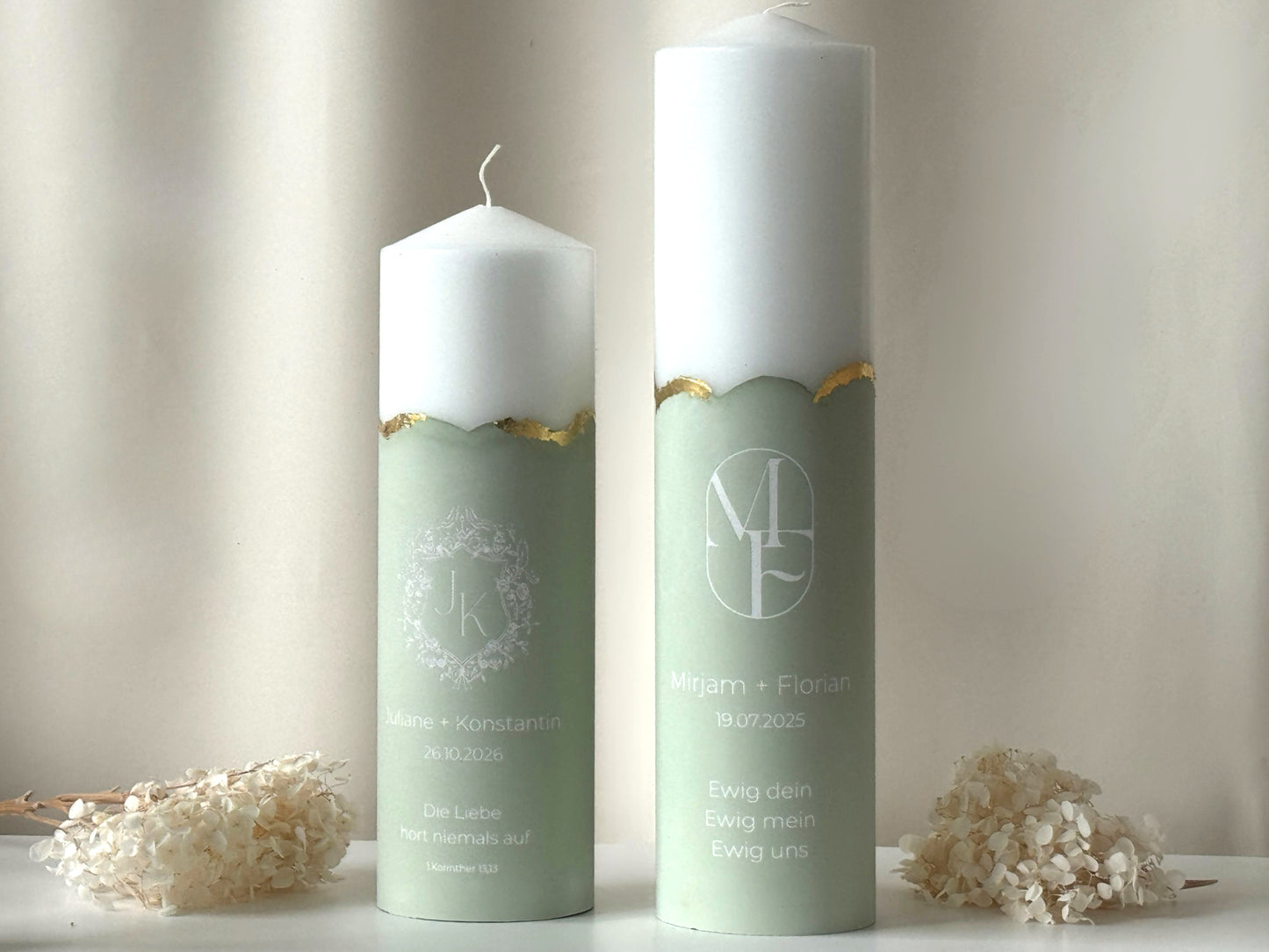 Unique wedding candle with personalized monogram and gold accents | Names, date, and wedding motto