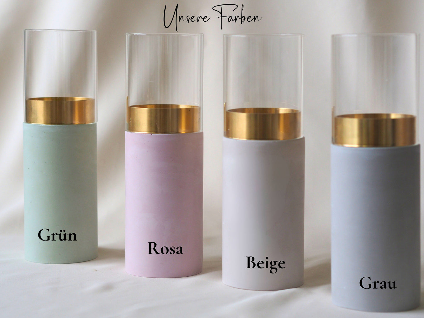 vier verfügabre Farben für die WIndlicht Urne. Grün, Rosa, Beige und Grau