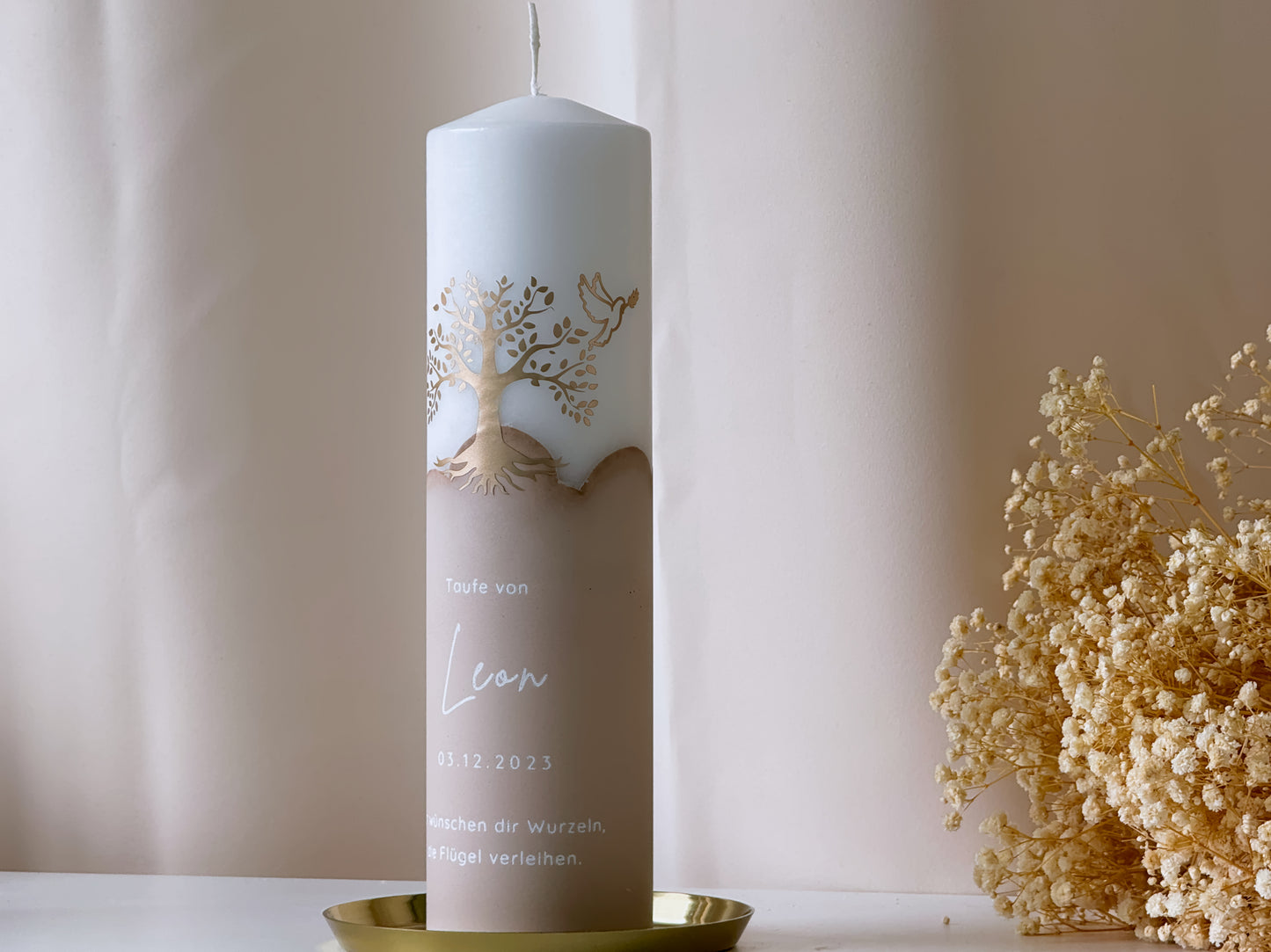 Baptismal candle "Tree with dove" with name, date and baptismal saying in different colors