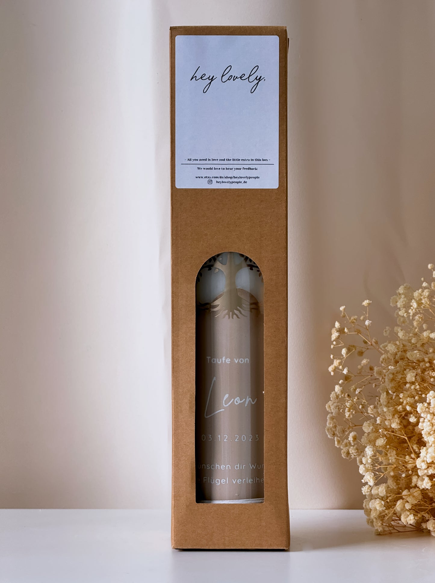 Baptismal candle "Tree with dove" with name, date and baptismal saying in different colors