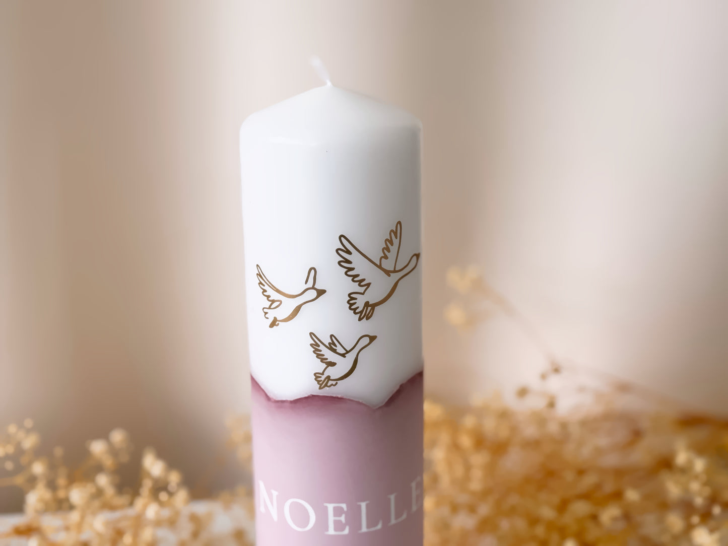 Personalized baptism candle in pink with modern symbols and name, date and baptismal saying