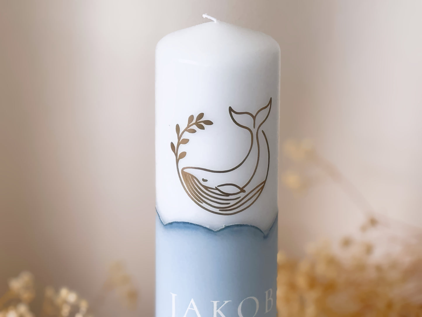 Personalized baptism candle in blue with modern symbols and name, date and baptismal saying