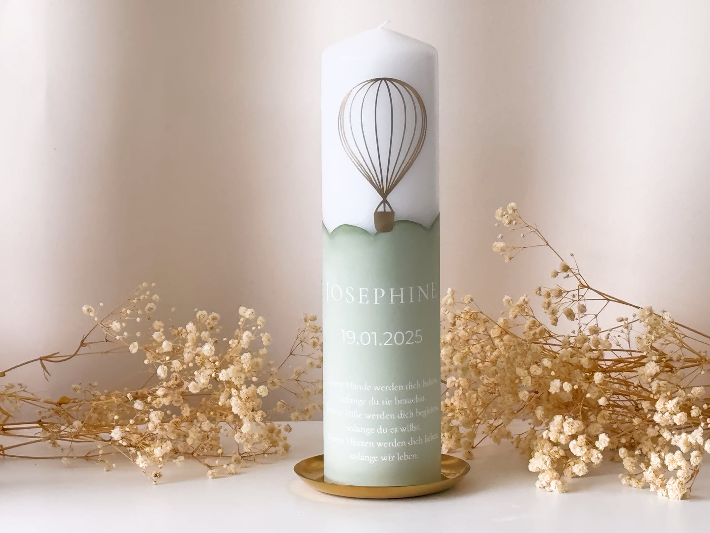 Personalized baptism candle in green with modern symbols and name, date and baptismal saying