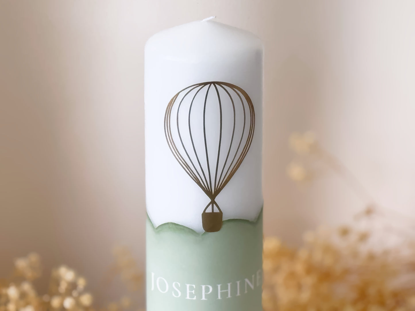 Personalized baptism candle in green with modern symbols and name, date and baptismal saying