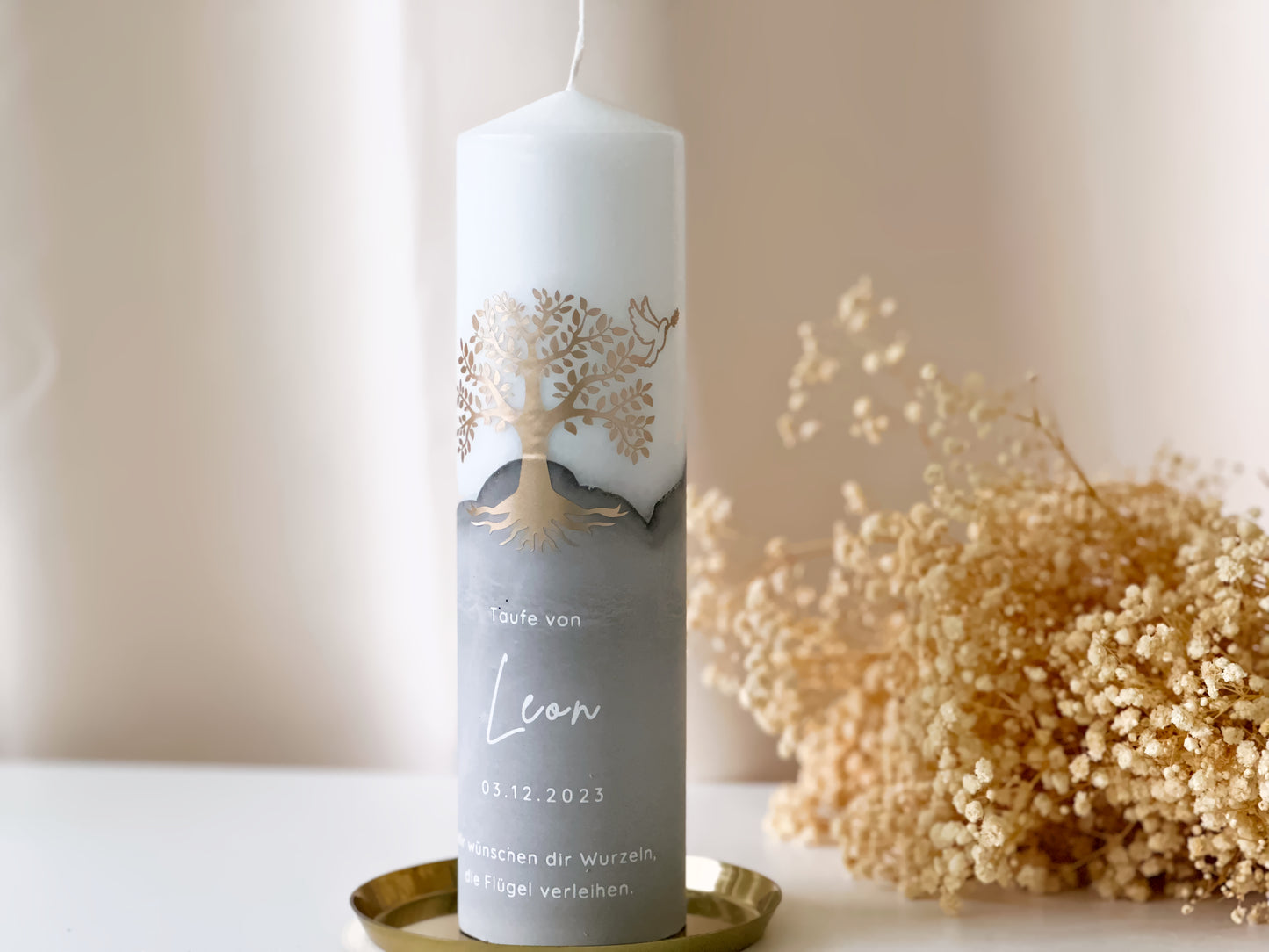 Baptismal candle "Tree with dove" with name, date and baptismal saying in different colors