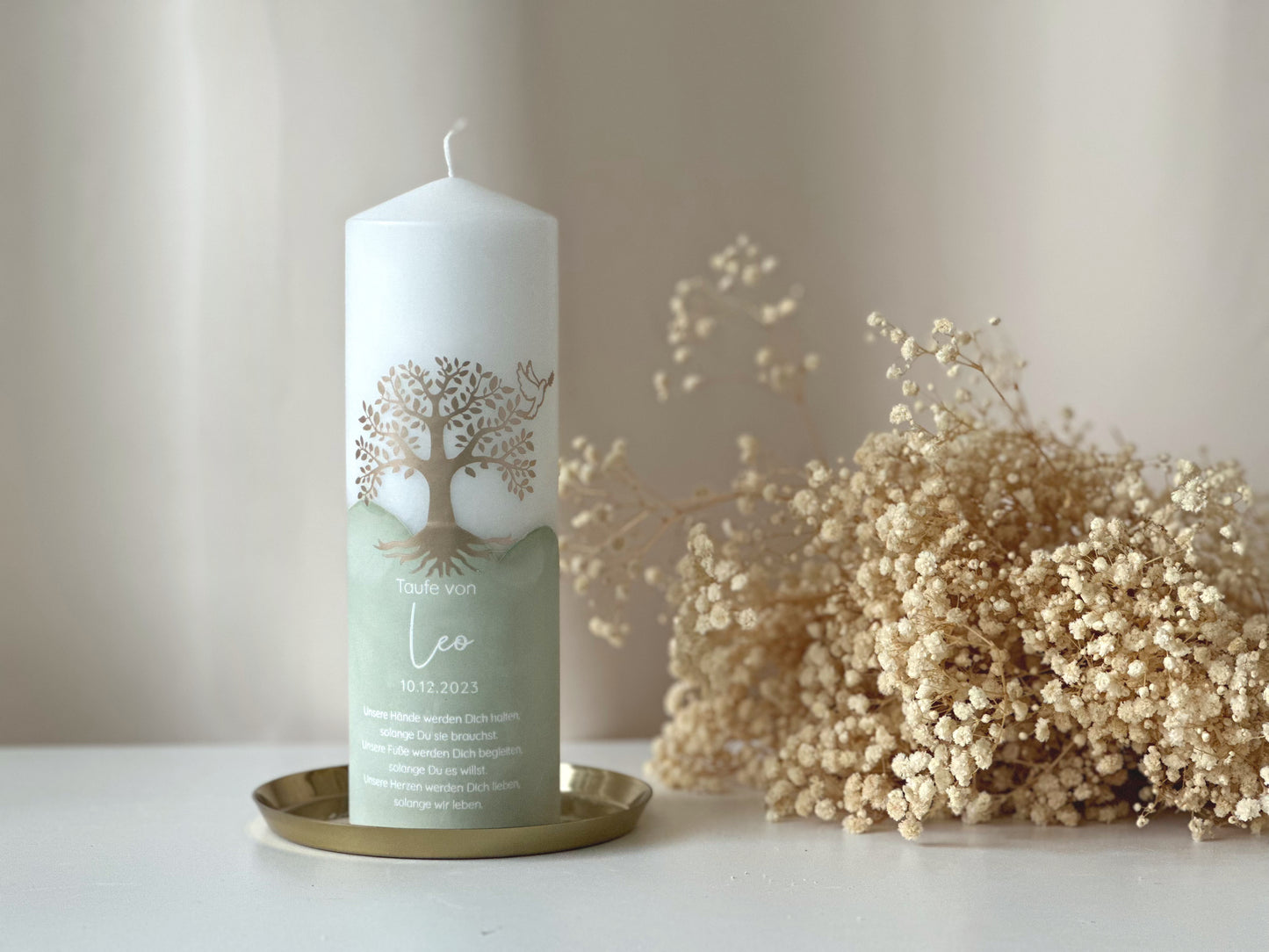 Baptismal candle "Tree with dove" with name, date and baptismal saying in different colors