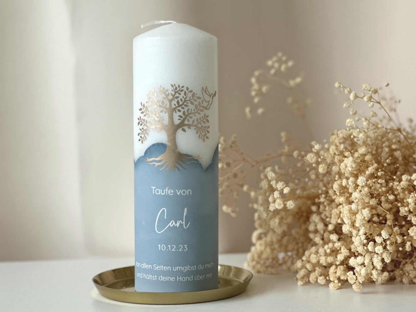 Baptismal candle "Tree with dove" with name, date and baptismal saying in different colors