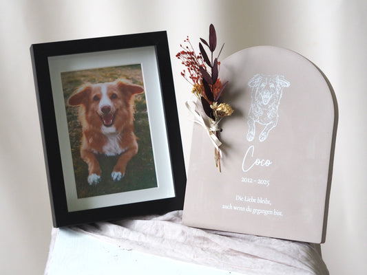 Personalisierte Haustier Gedenktafel "Archebogen" mit Foto-Gravur – Erinnerung an Hund oder Katze – Trauergeschenk Tierliebe - Name, Datum & Widmung