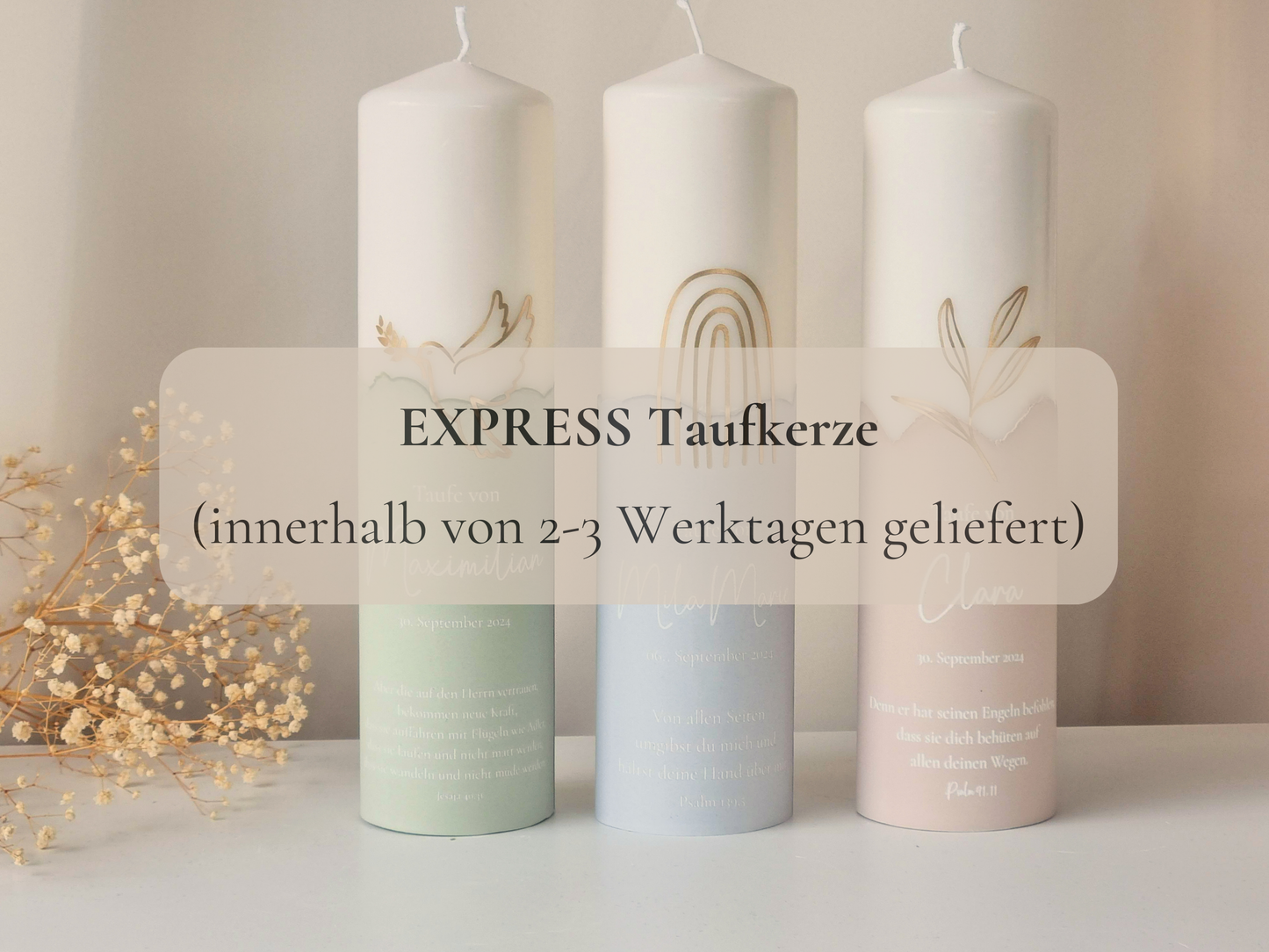 EXPRESS Taufkerze in verschiedenen Farben mit Name, Datum und Taufspruch