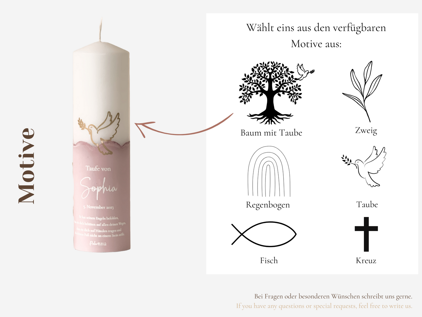 Personalisierte Taufkerze in verschiedenen Farben mit Name, Datum und Taufspruch