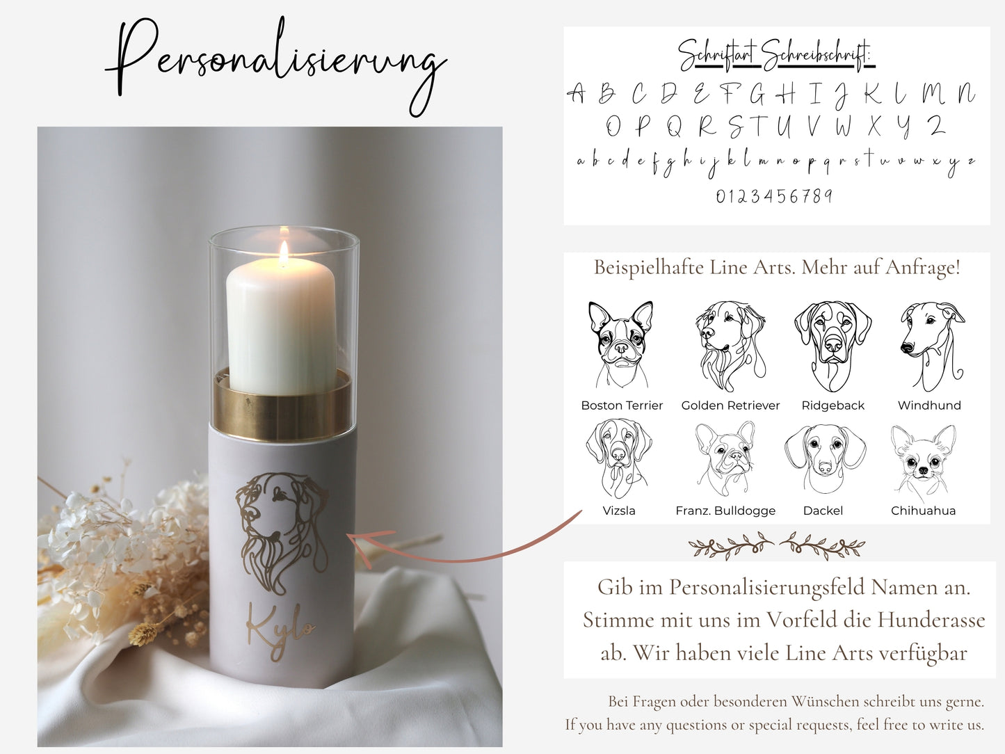 Hinweise zur Personalisierung. Verfügbare Line Arts und Vorschau der Schriftart.