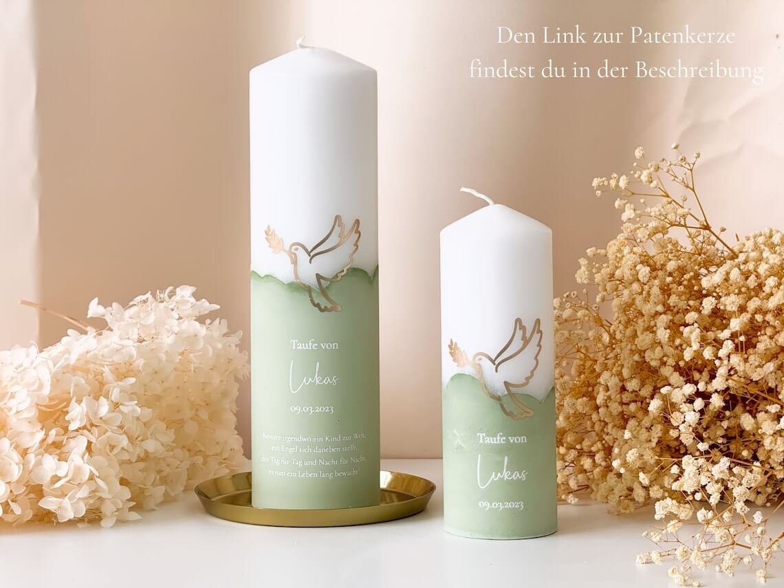 Baptismal candle "Tree with dove" with name, date and baptismal saying in different colors
