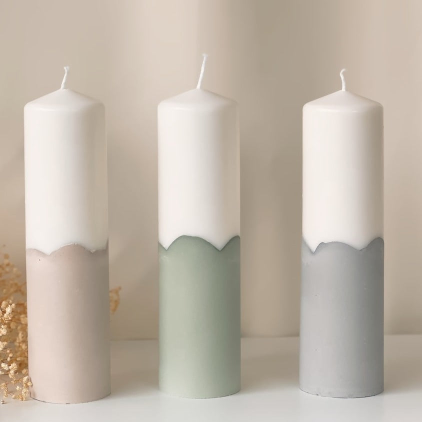 Übersicht der drei Farben Beige, Grün und Grau für die Sockel der Kerzen