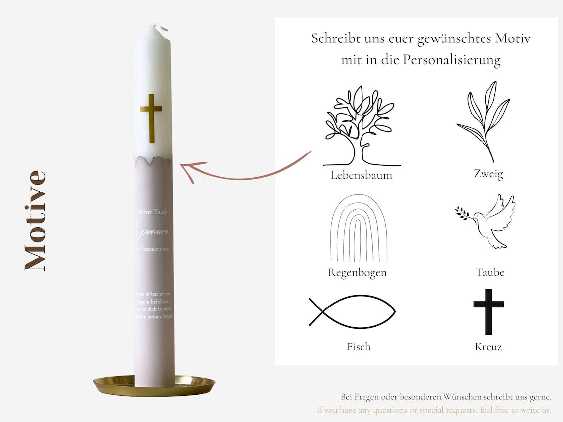 Communion candle or baptism candle with golden symbol and name, date and baptismal saying