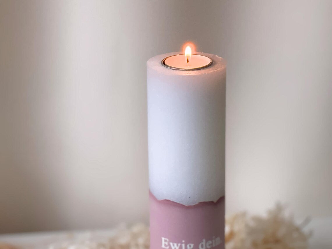 Personalized wedding candle with tealight insert in pastel colors | Names, date, and wedding motto