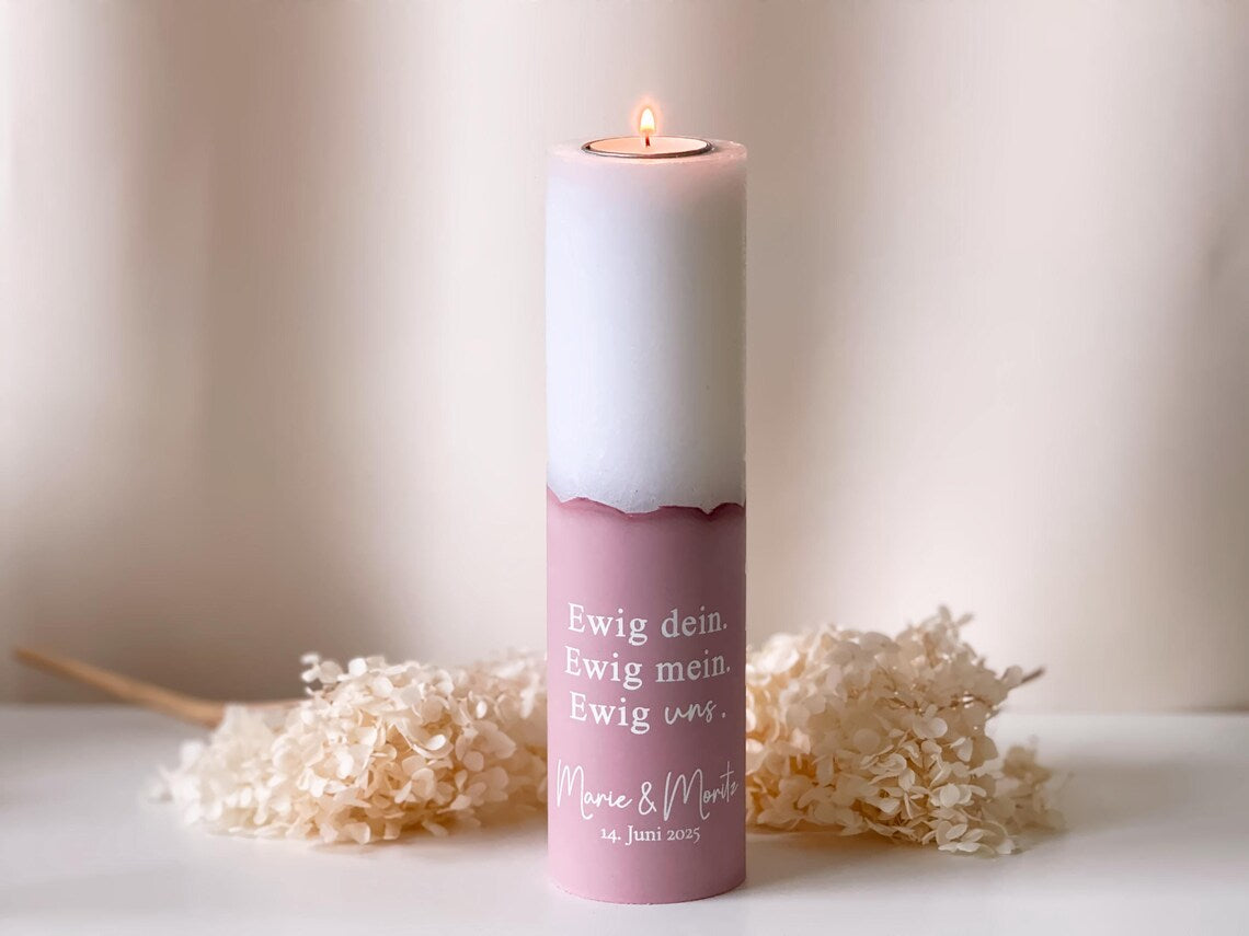 Personalized wedding candle with tealight insert in pastel colors | Names, date, and wedding motto
