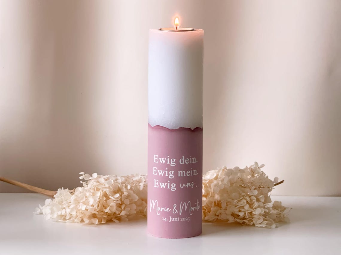 Personalized wedding candle with tealight insert in pastel colors | Names, date, and wedding motto