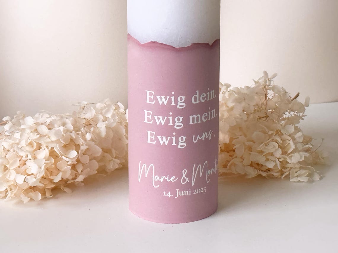 Personalized wedding candle with tealight insert in pastel colors | Names, date, and wedding motto