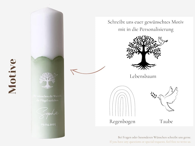 Personalisierte Kerze zur Taufe in Pastellfarben mit Taufsymbol | Name, Datum und Taufspruch