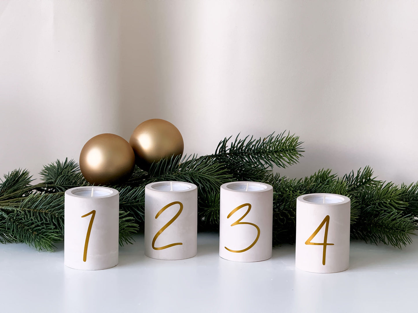 Advent candle set of 4 | Handmade candle holders for tealights and taper candles | Christmas decoration in beige or gray with golden numbers
