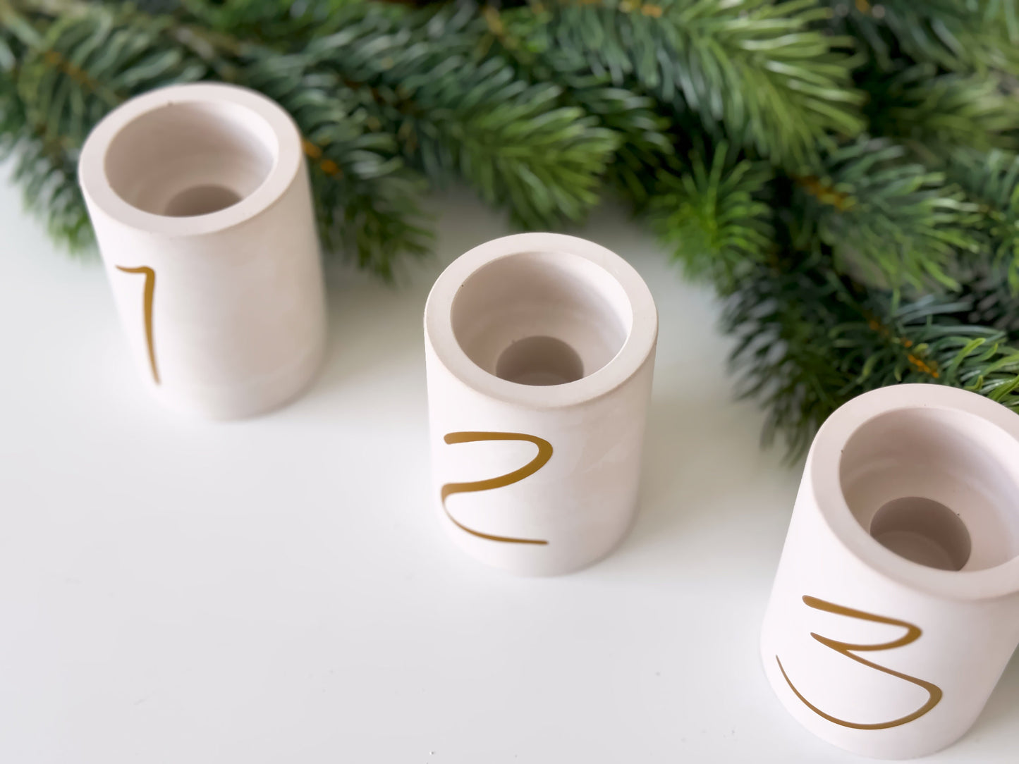 Advent candle set of 4 | Handmade candle holders for tealights and taper candles | Christmas decoration in beige or gray with golden numbers