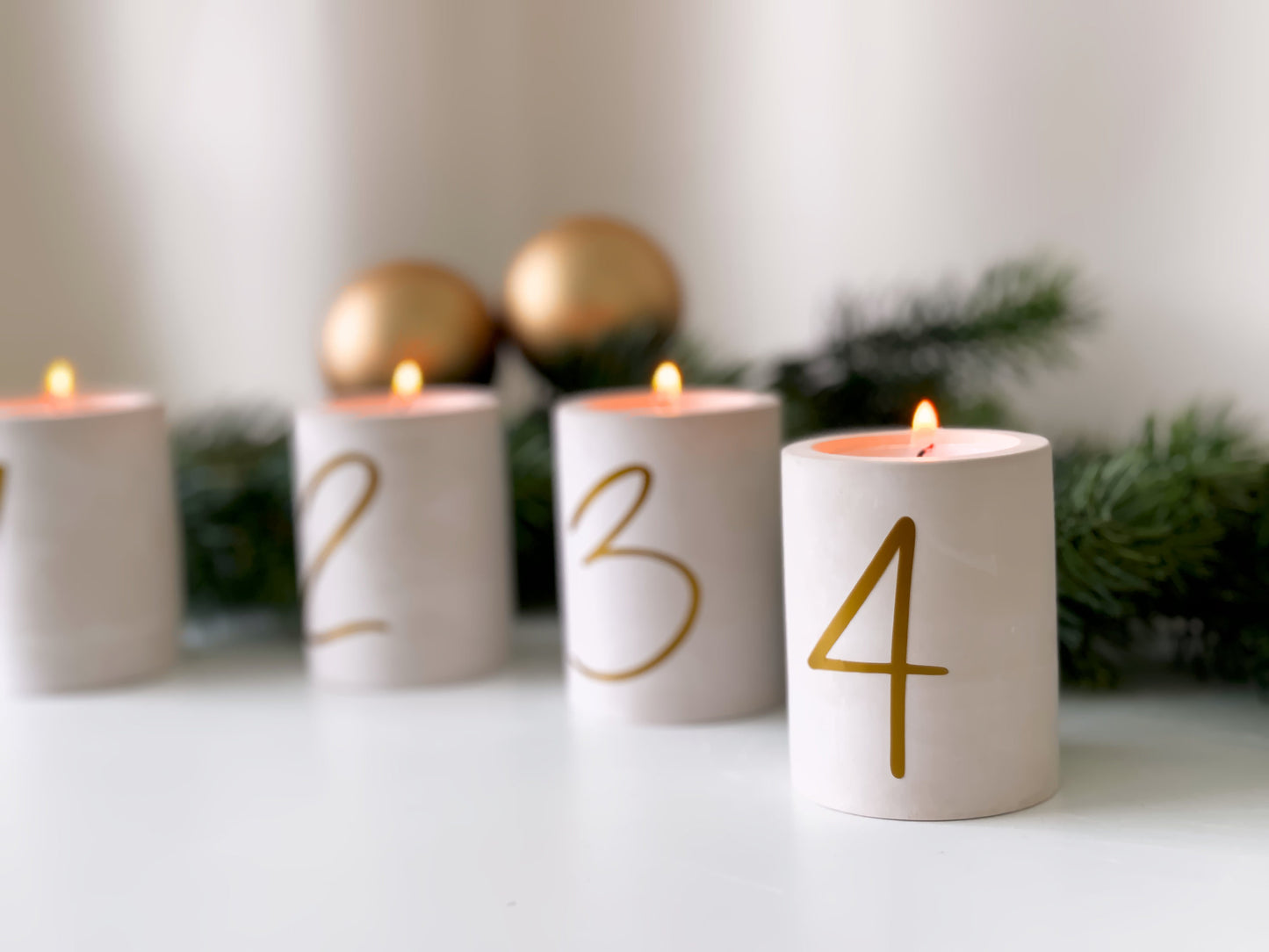 Advent candle set of 4 | Handmade candle holders for tealights and taper candles | Christmas decoration in beige or gray with golden numbers