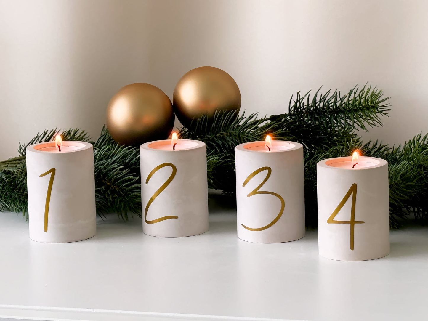 Advent candle set of 4 | Handmade candle holders for tealights and taper candles | Christmas decoration in beige or gray with golden numbers