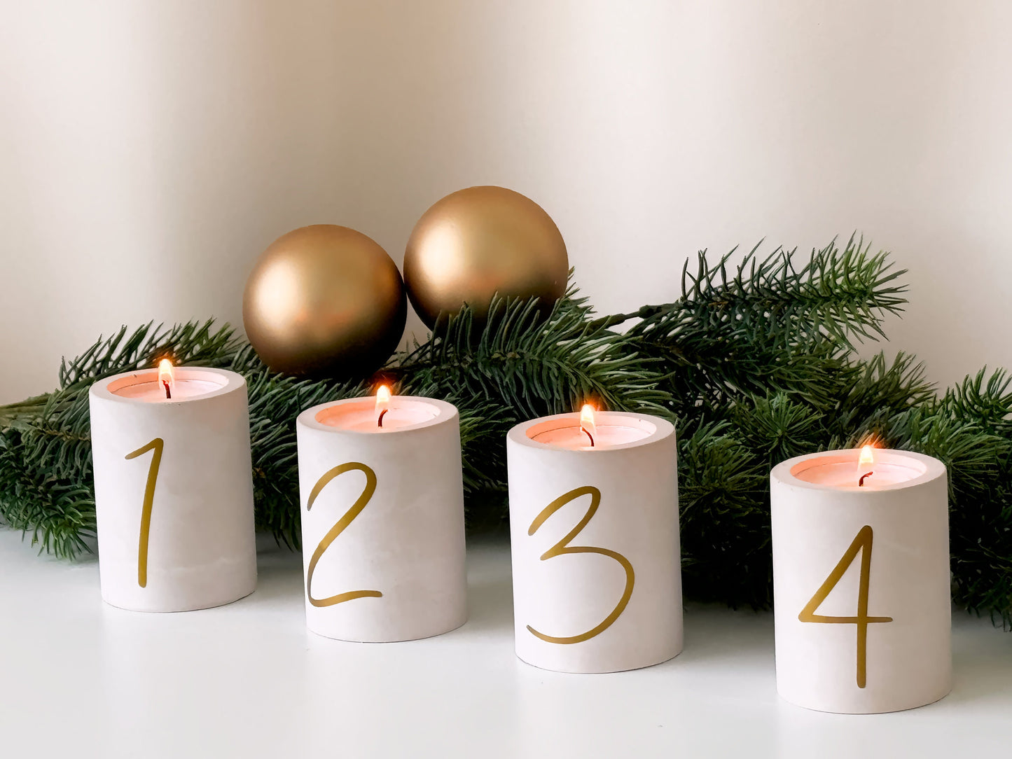 Advent candle set of 4 | Handmade candle holders for tealights and taper candles | Christmas decoration in beige or gray with golden numbers