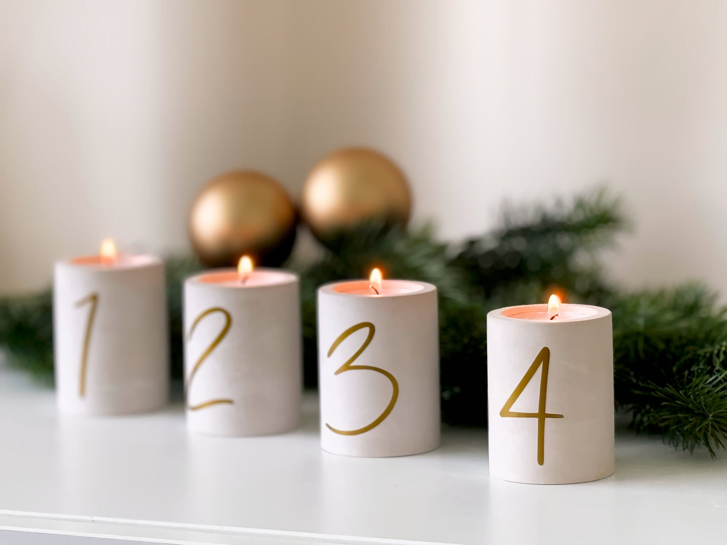 Advent candle set of 4 | Handmade candle holders for tealights and taper candles | Christmas decoration in beige or gray with golden numbers