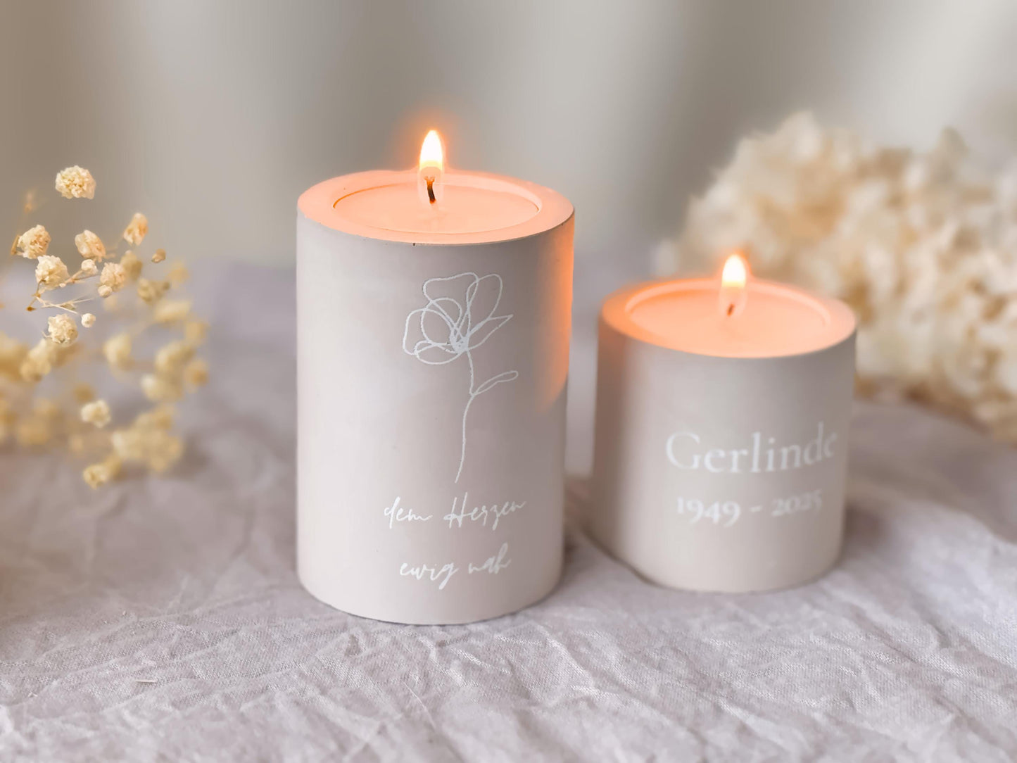 Mourning candle with name and date for tea lights and taper candles