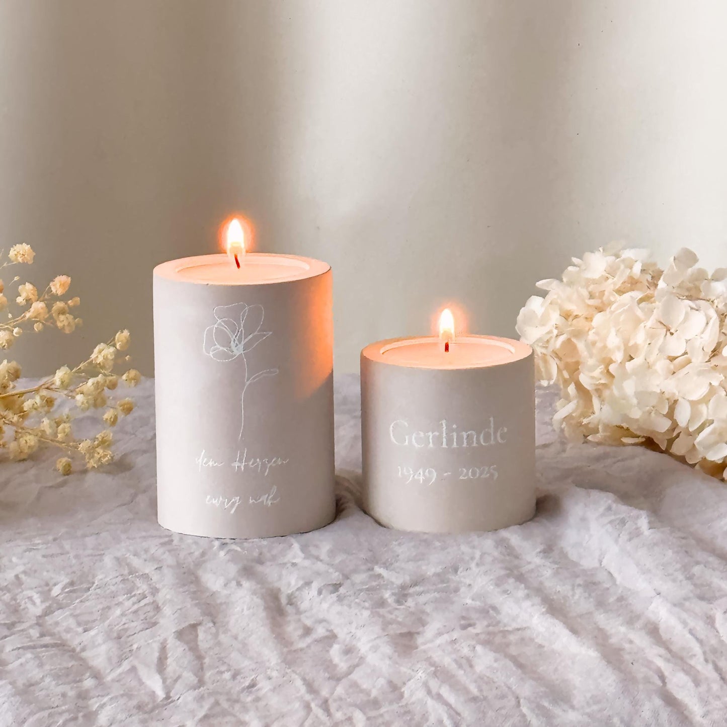 Mourning candle with name and date for tea lights and taper candles