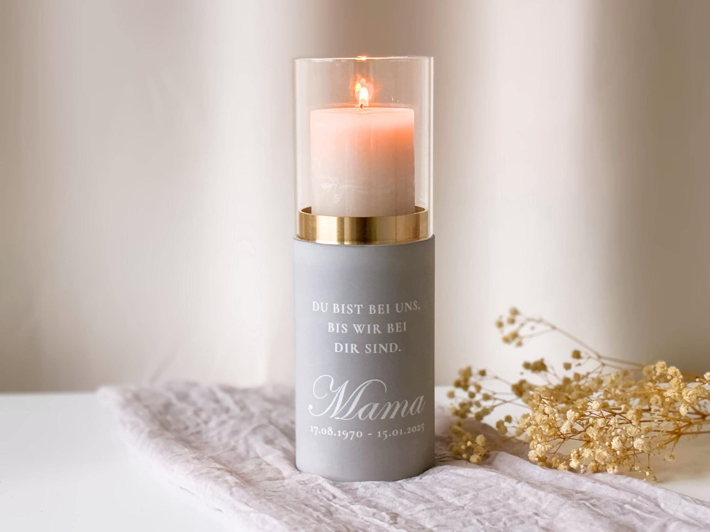 Funeral lantern with golden ring for pillar candles | Name, date & dedication