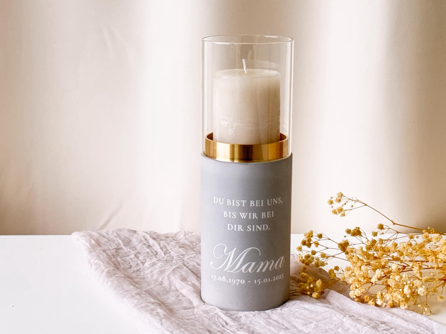 Funeral lantern with golden ring for pillar candles | Name, date & dedication