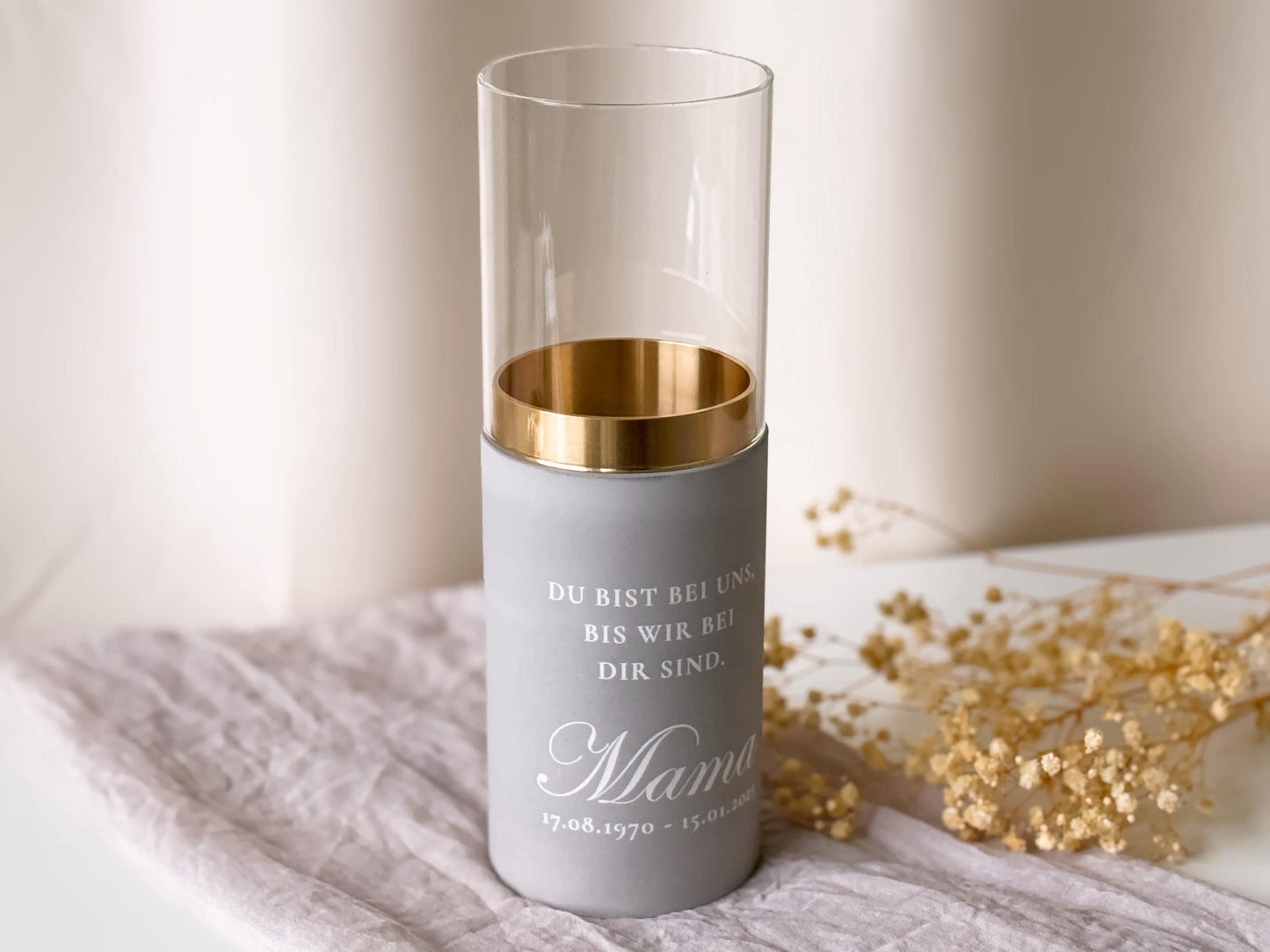 Funeral lantern with golden ring for pillar candles | Name, date & dedication