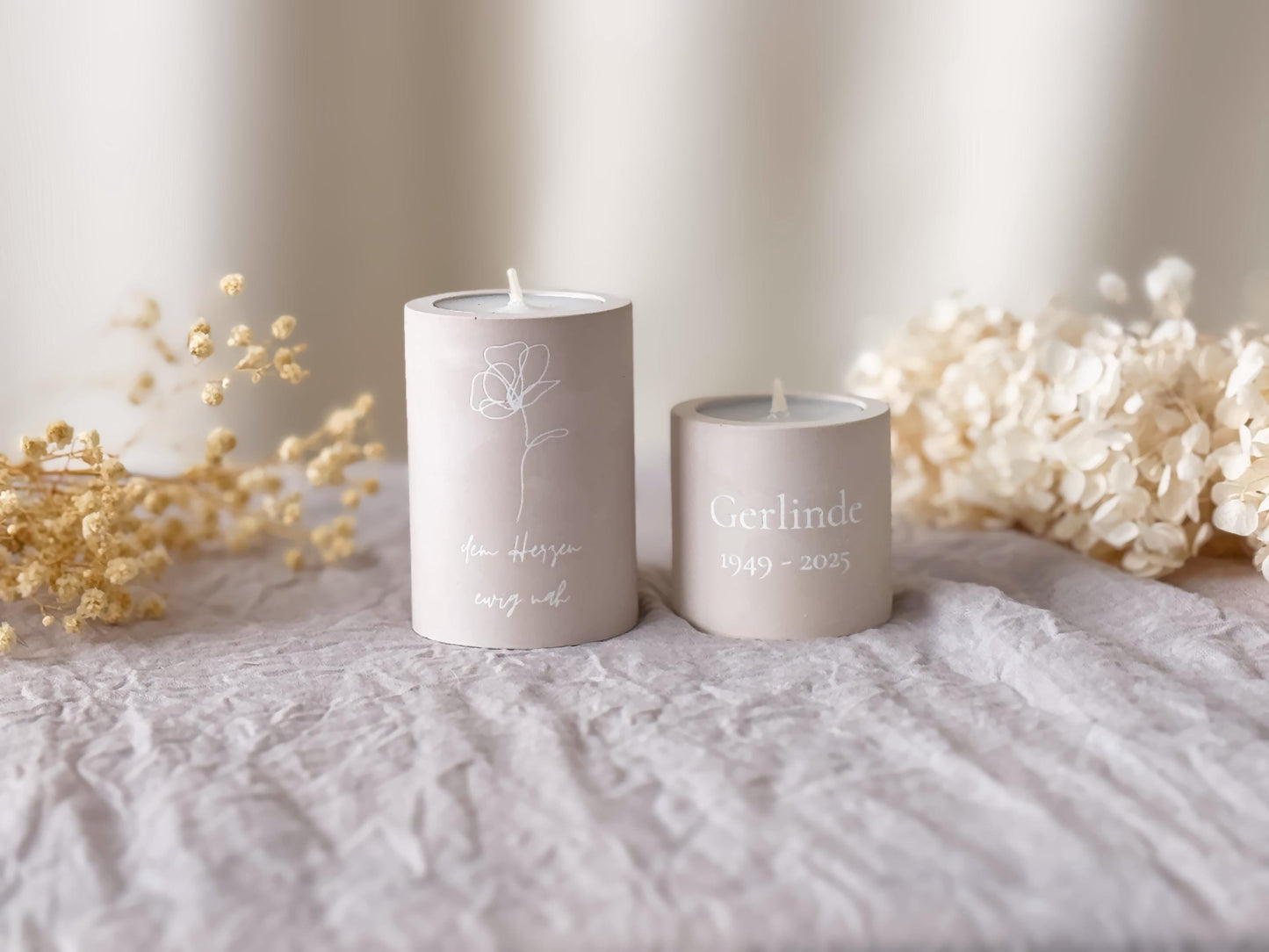 Mourning candle with name and date for tea lights and taper candles