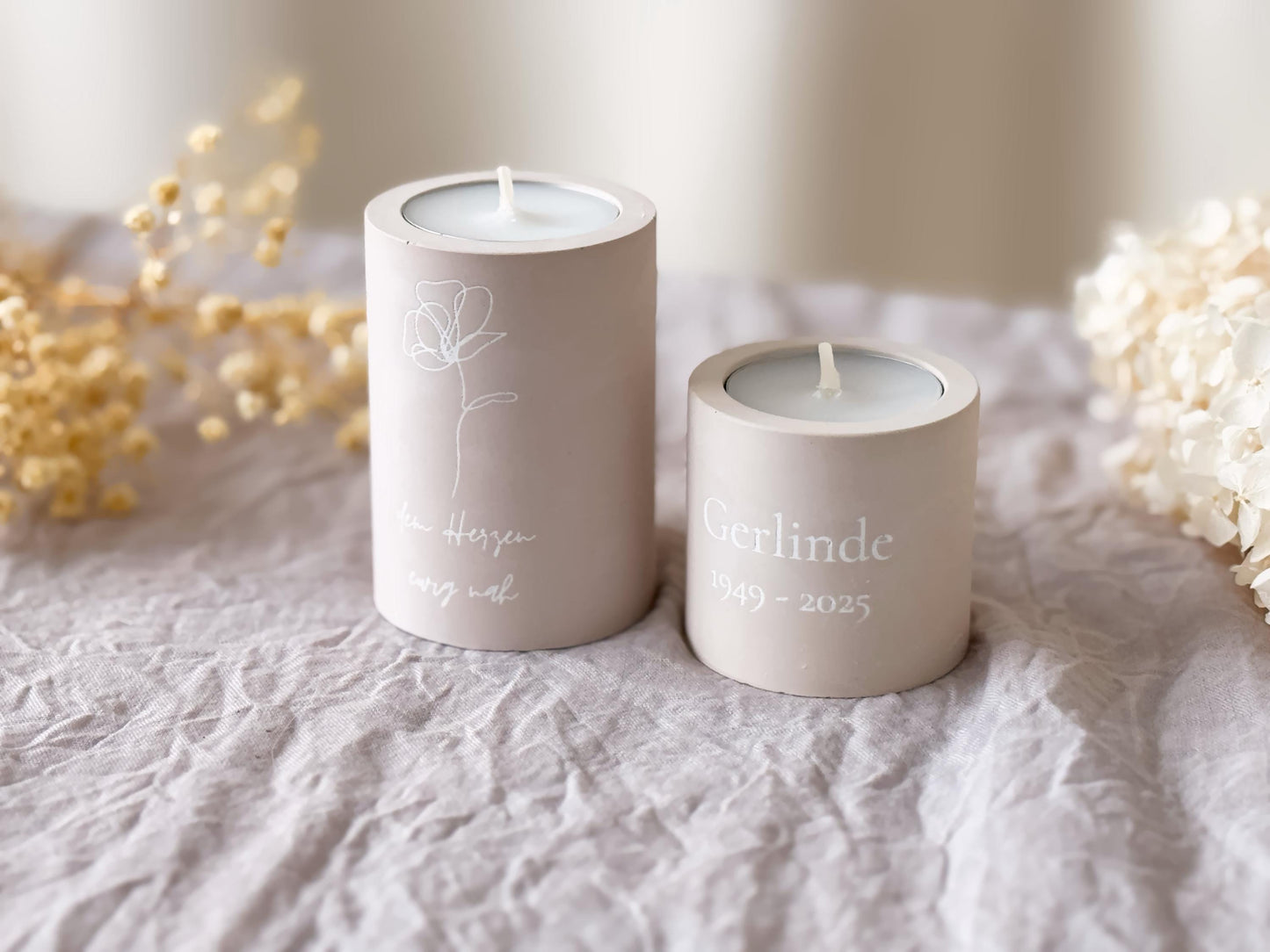 Mourning candle with name and date for tea lights and taper candles