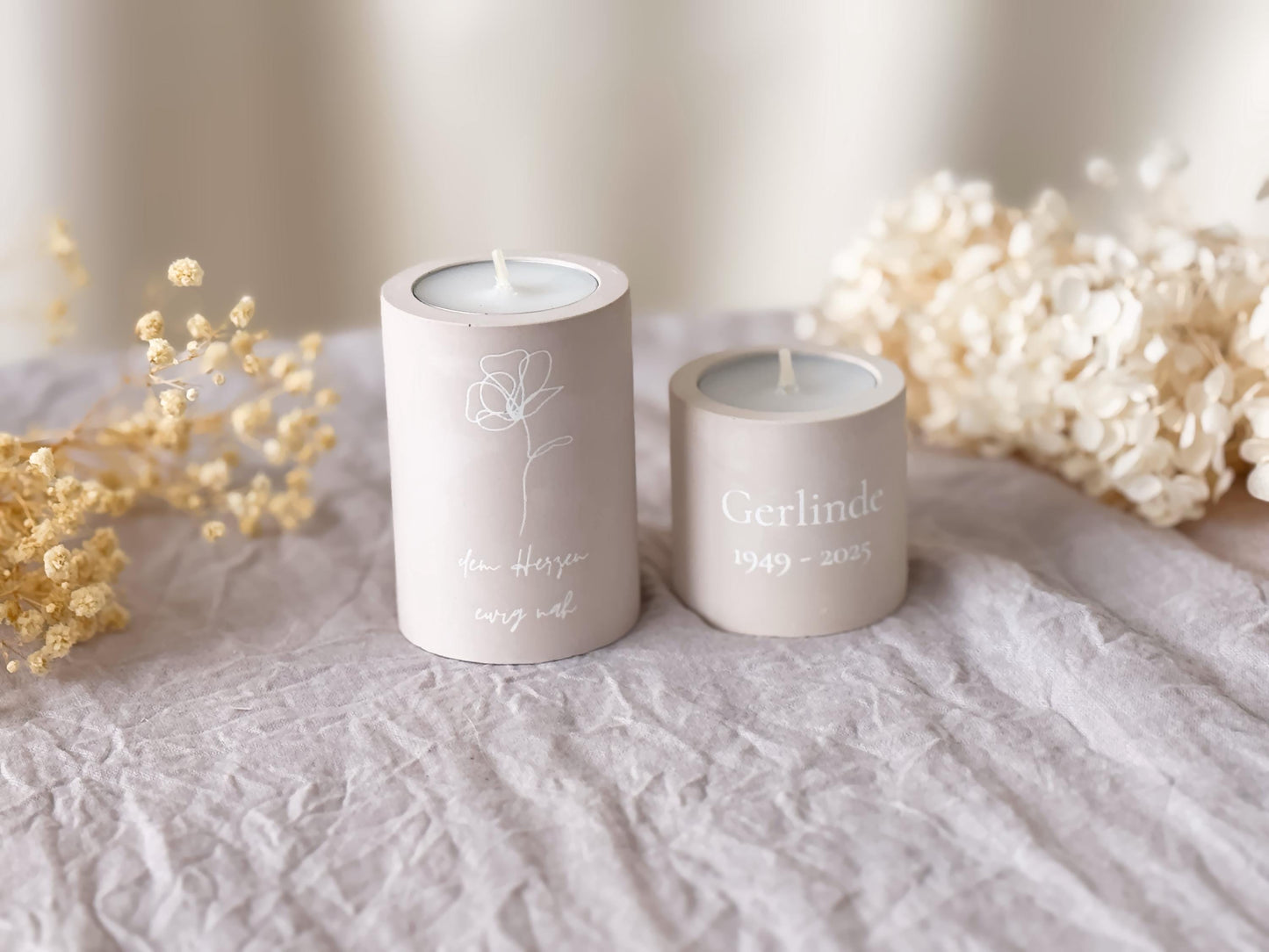 Mourning candle with name and date for tea lights and taper candles