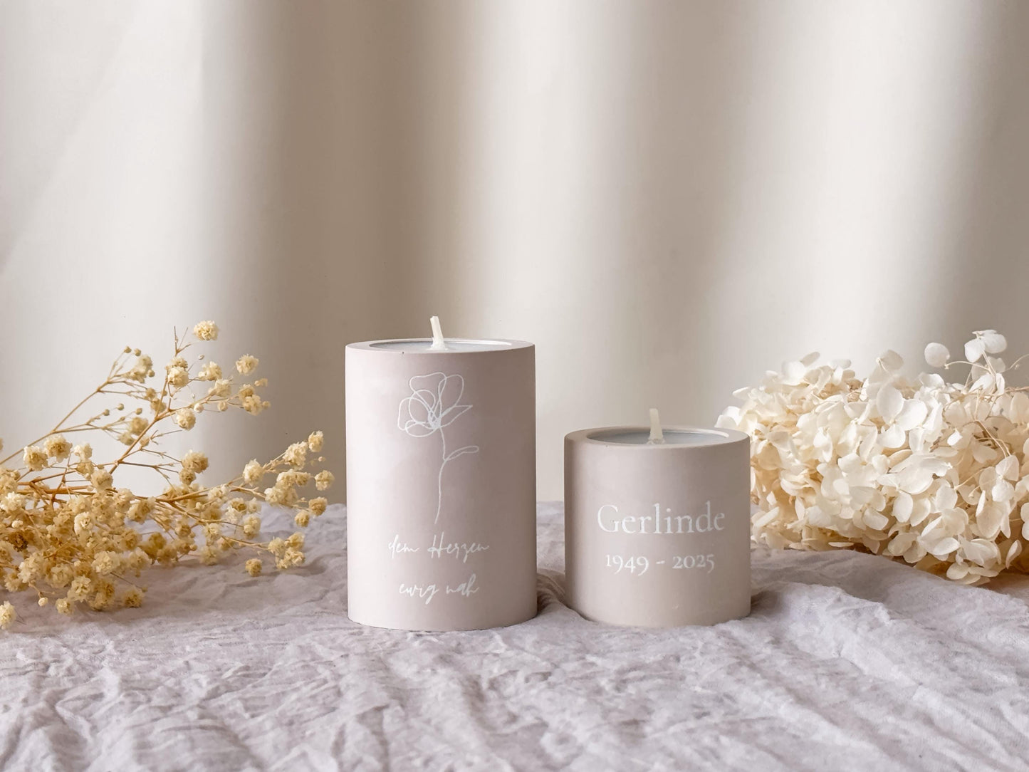 Mourning candle with name and date for tea lights and taper candles