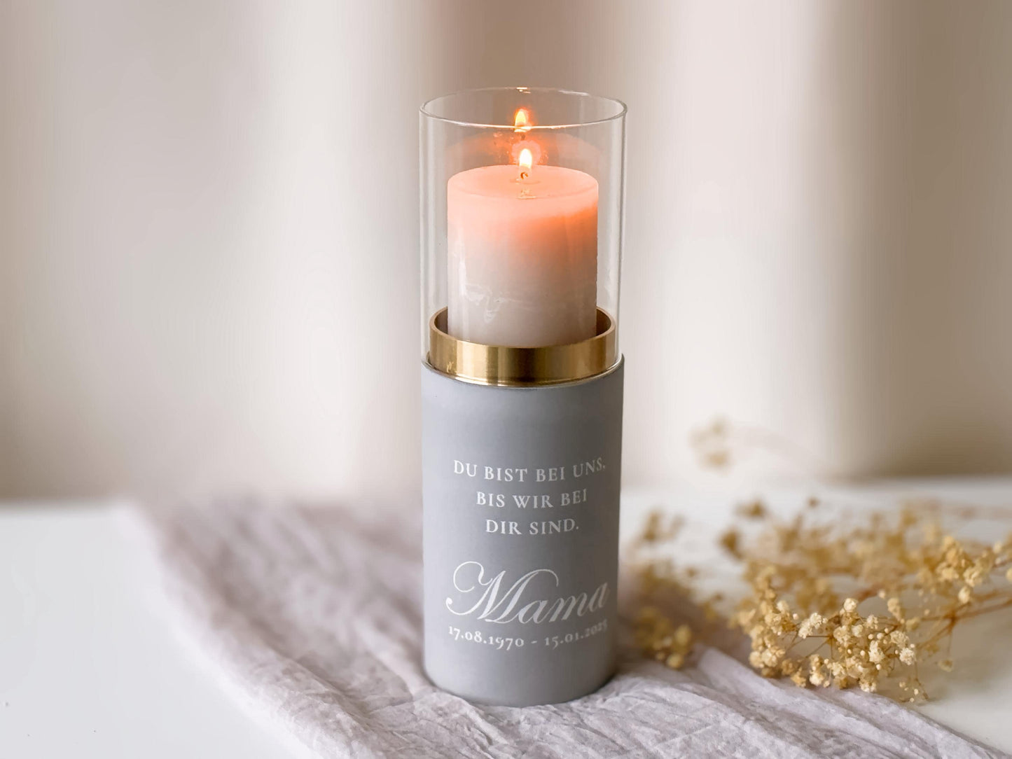 Funeral lantern with golden ring for pillar candles | Name, date & dedication
