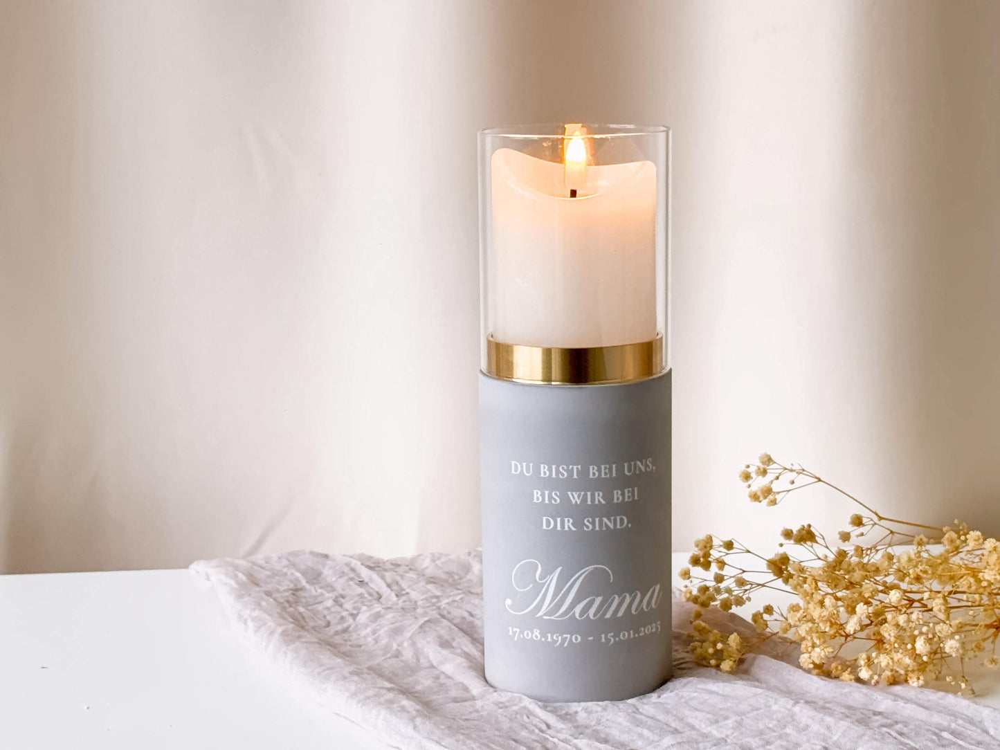 Funeral lantern with golden ring for pillar candles | Name, date & dedication