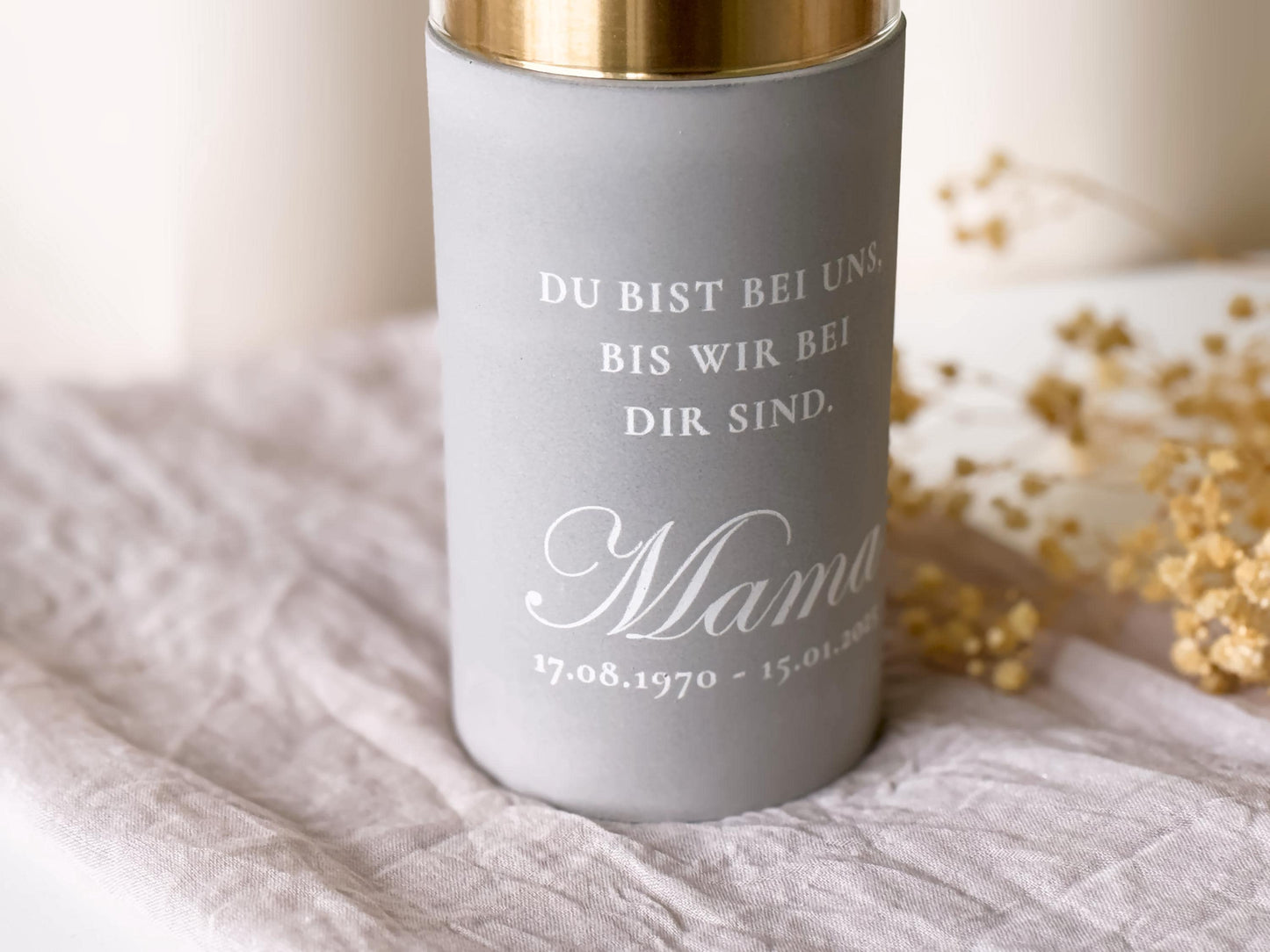 Funeral lantern with golden ring for pillar candles | Name, date & dedication