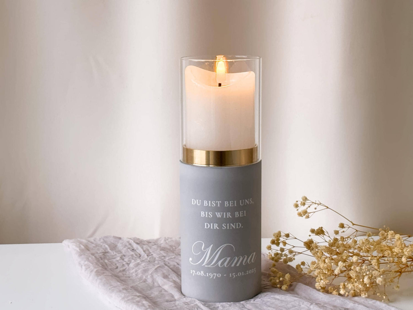 Funeral lantern with golden ring for pillar candles | Name, date & dedication