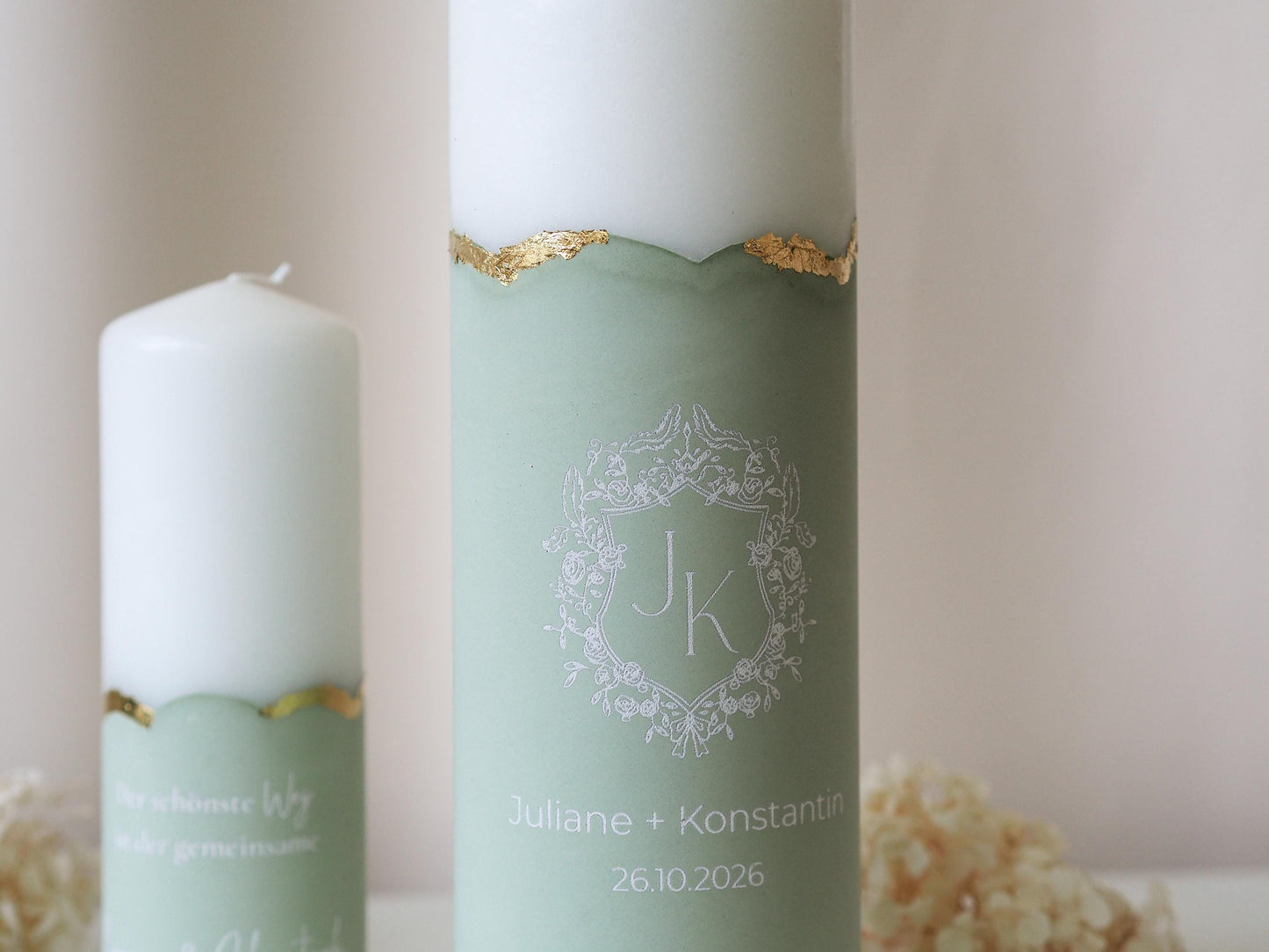 Unique wedding candle with personalized monogram and gold accents | Names, date, and wedding motto