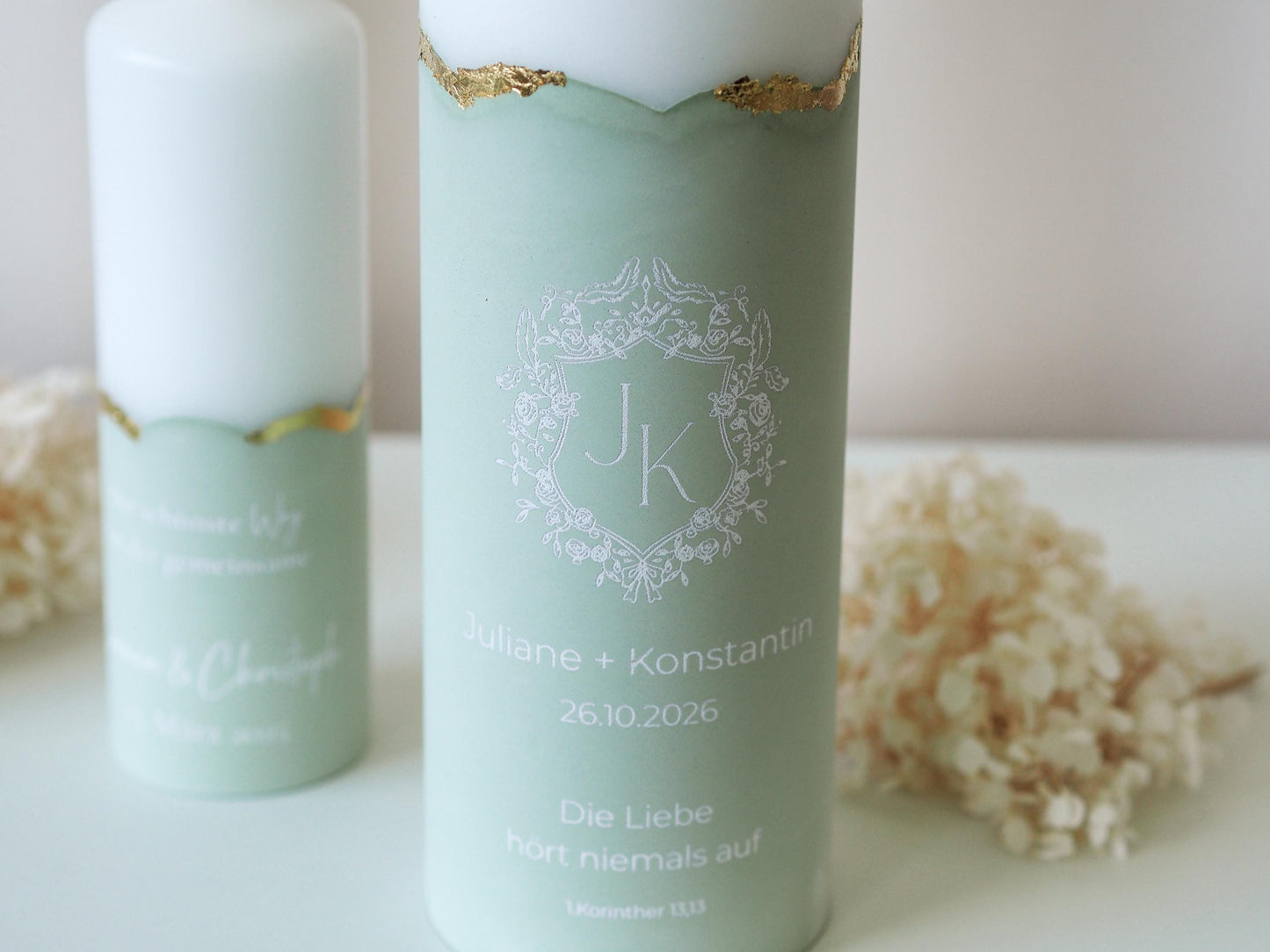 Unique wedding candle with personalized monogram and gold accents | Names, date, and wedding motto