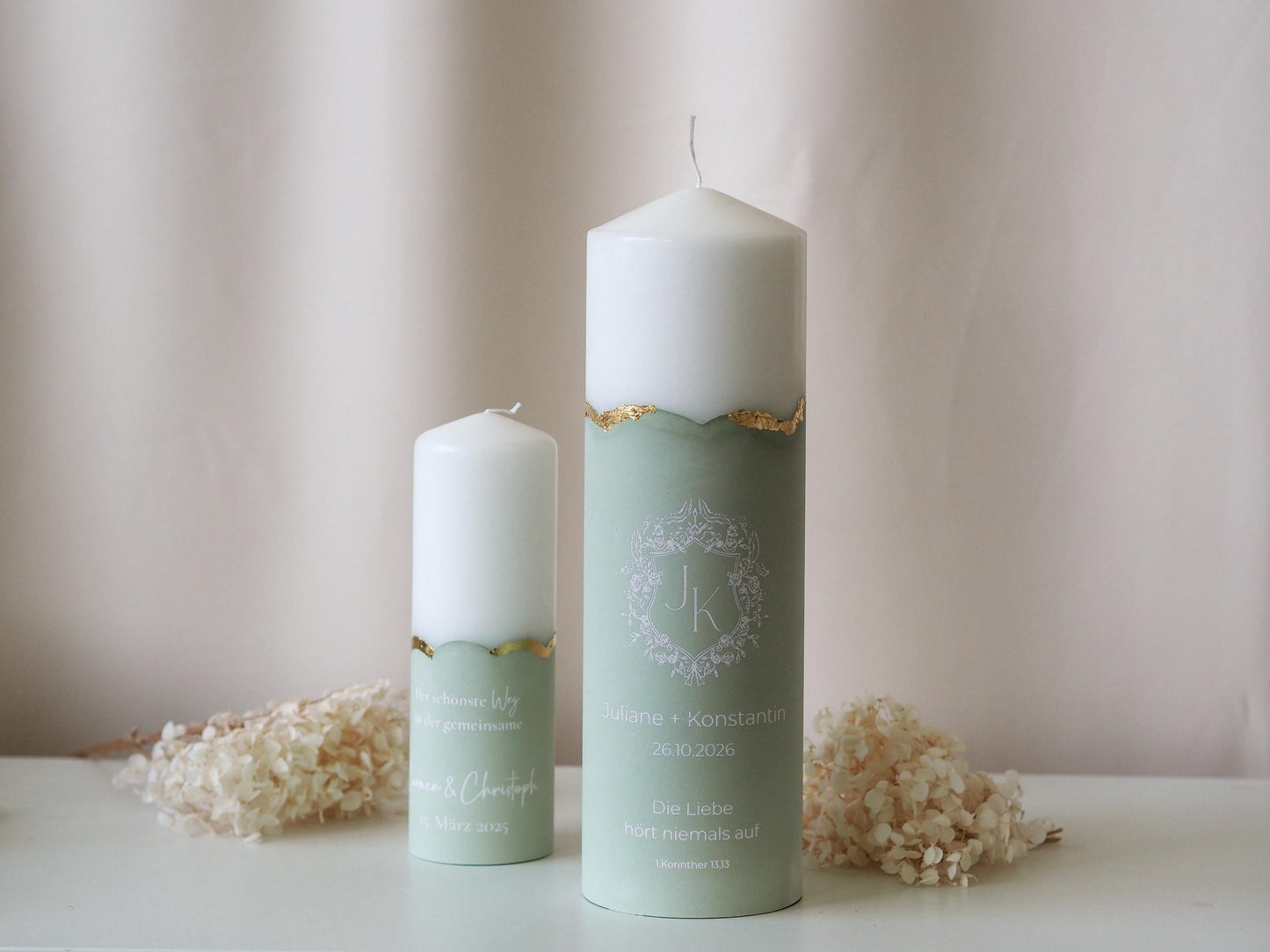 Unique wedding candle with personalized monogram and gold accents | Names, date, and wedding motto