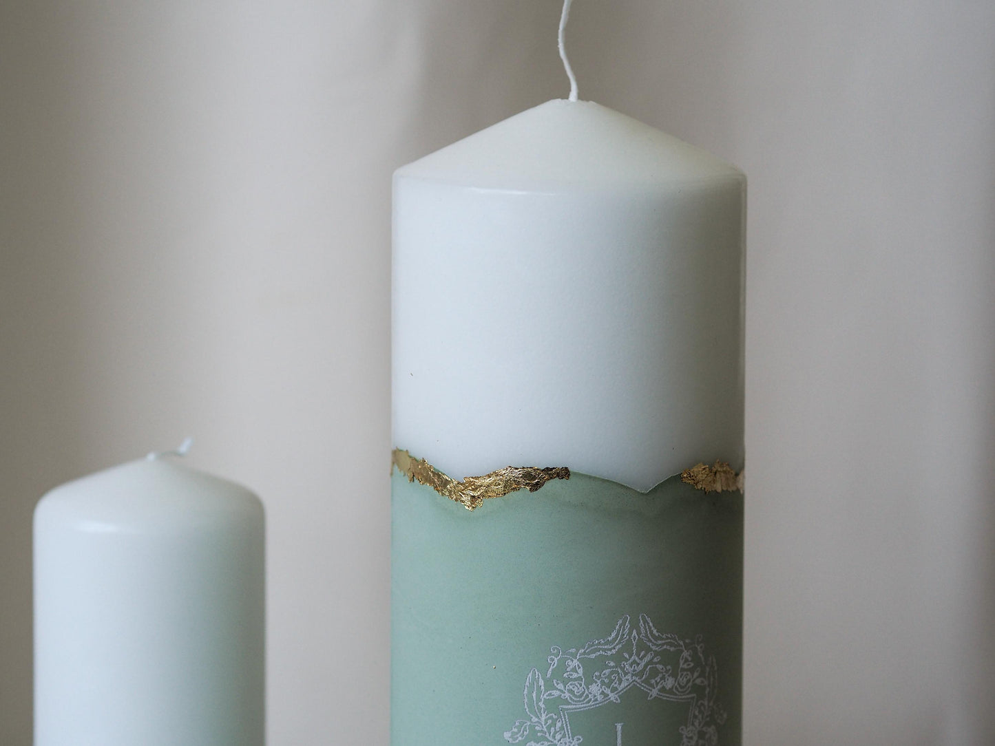 Unique wedding candle with personalized monogram and gold accents | Names, date, and wedding motto