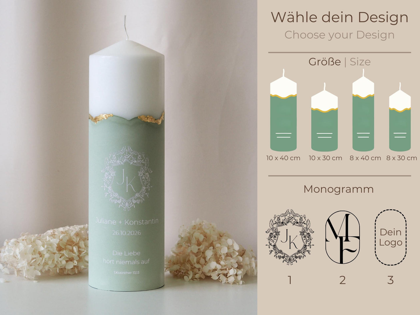 Unique wedding candle with personalized monogram and gold accents | Names, date, and wedding motto