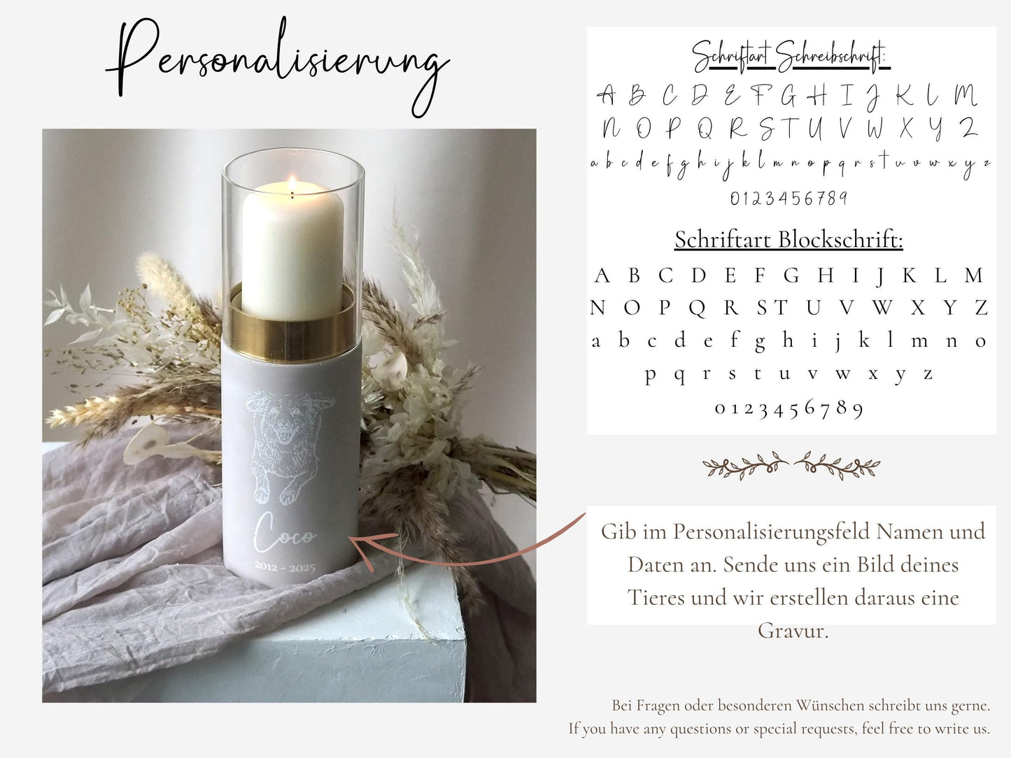 Tierurne als Design-Windlicht – personalisierte Urne mit graviertem Foto für Haustiere | stilvolle Gedenkkerze | Handgefertigt & hochwertig | Name & Datum