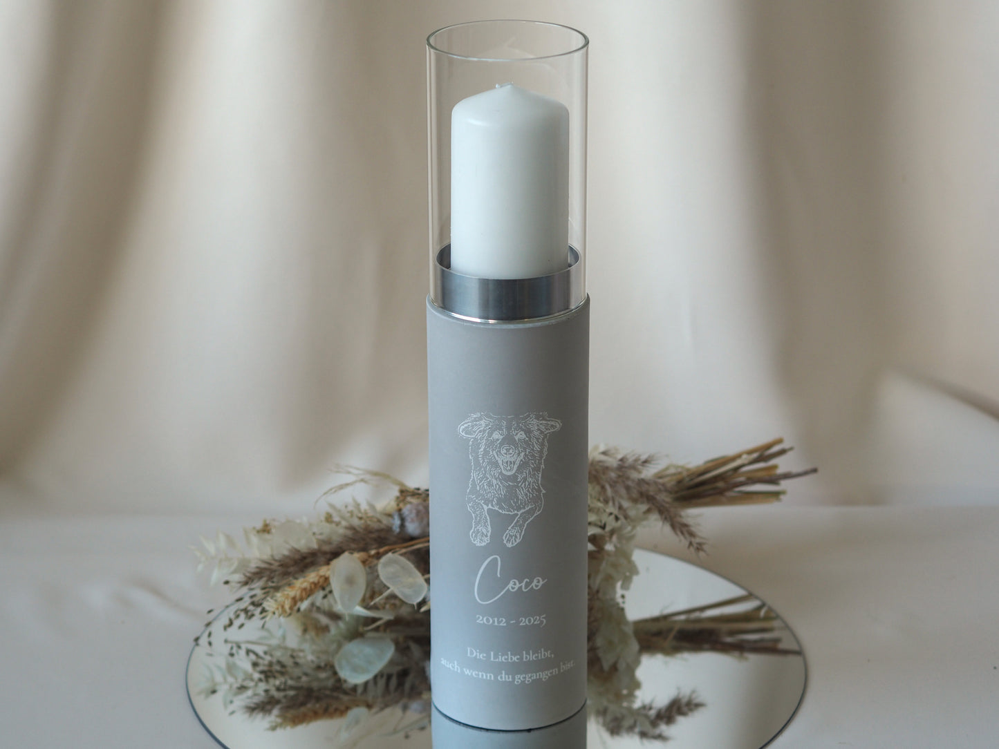 Pet urn as a designer lantern – personalized urn with engraved photo for pets | stylish memorial candle | handmade &amp; high-quality | name &amp; date