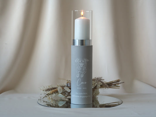 Pet urn as a designer lantern – personalized urn with engraved photo for pets | stylish memorial candle | handmade &amp; high-quality | name &amp; date